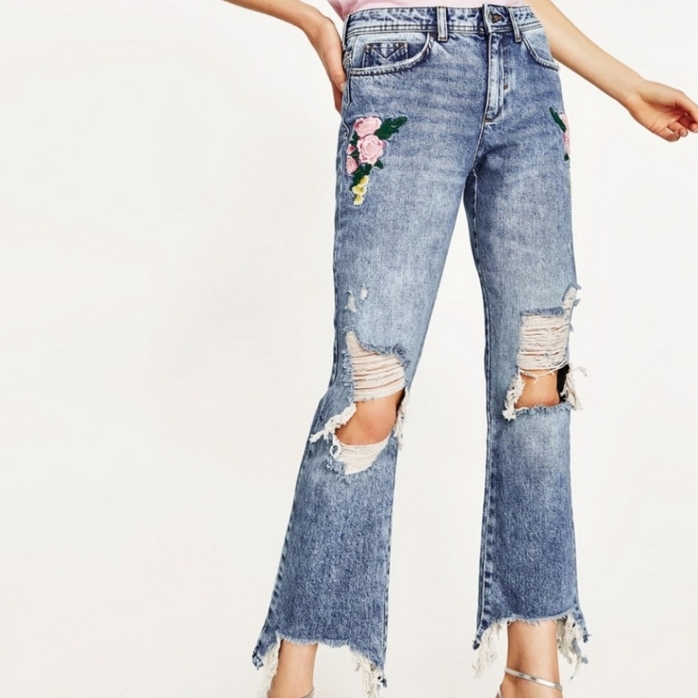 Zara Floral Embroidered Distressed Ankle Jeans